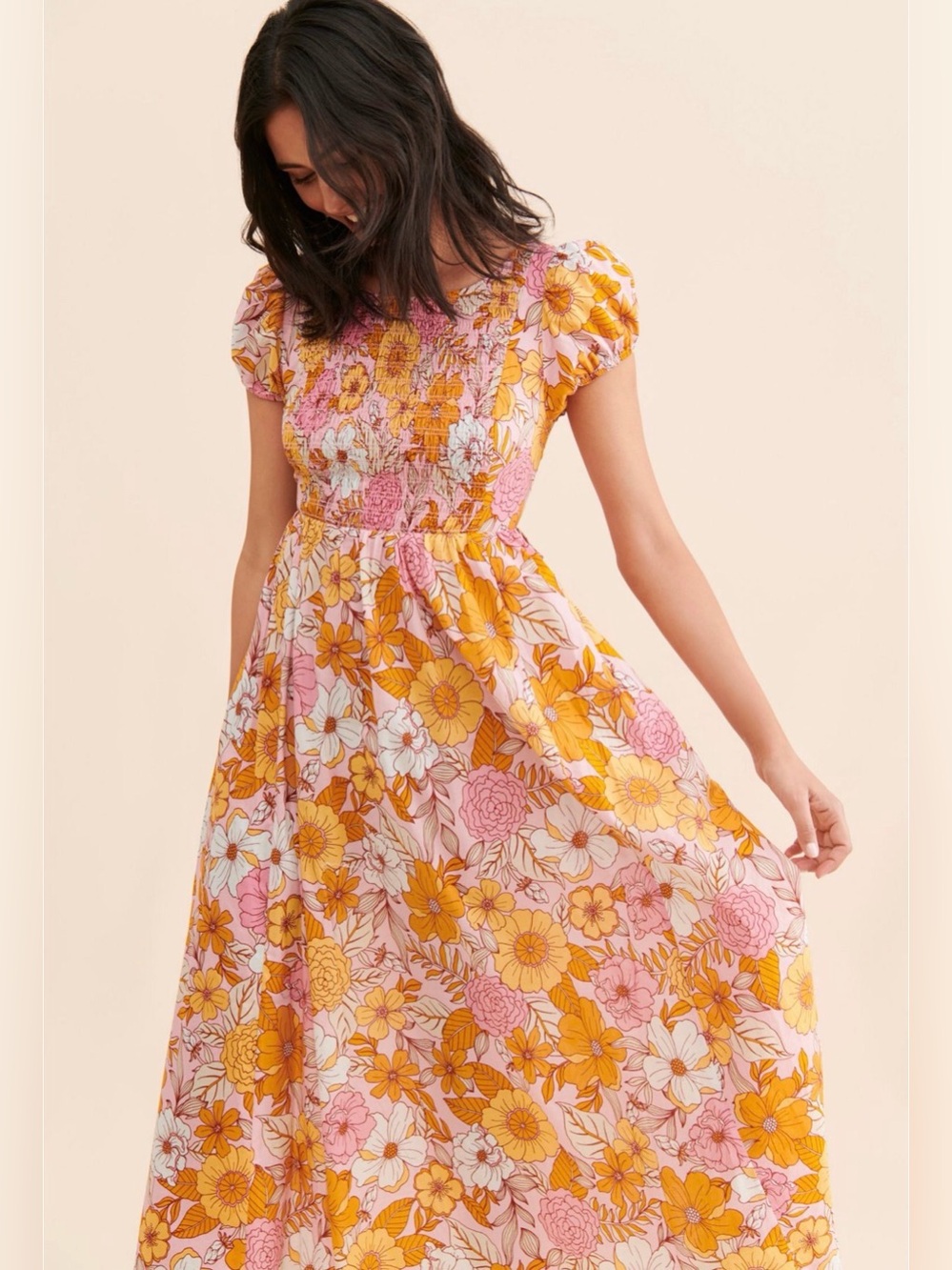 Anthropologie Kachel Pink & Yellow Floral Smocked Maxi Dress